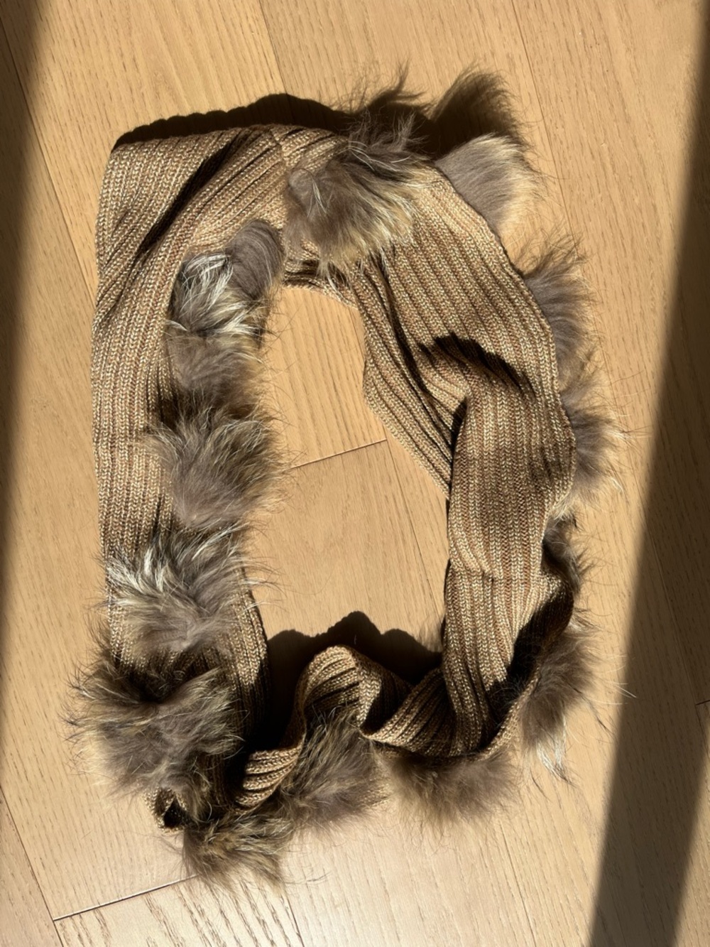 Simons Ribbed Knit Scarf wrap with real Fur Trim - Tan & gold